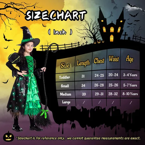 Vista 4 de Witch Halloween Costumes for Girls Toddler Light Up Witch Dress with Witch Broom and Hat for Halloween Kids Cosplay Party