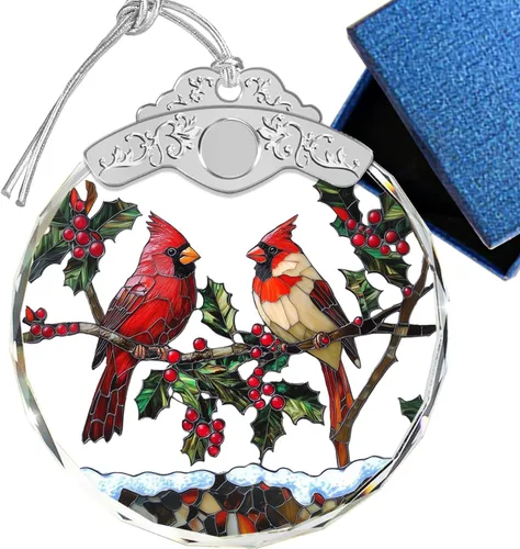 Vista 8 de Adornos de Navidad – Pájaros Cardenales y Flores Ornamento de Vidrio Emplomado – Decoración Navideña – Adornos para Árbol de Navidad – Regalos