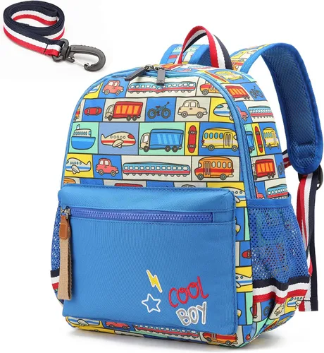 Vista 8 de willikiva Cartoon Bus 12 - Mochila de jardín de infantes para niños y niñas, mochila impermeable para niños preescolares con correa y arnés de Azul