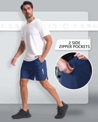Vista 4 de CANGHPGIN Paquete de 2 pantalones cortos deportivos de entrenamiento para hombre, entrepierna de 7 pulgadas, pantalones cortos de senderismo