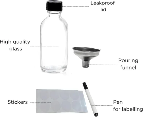 Vista 2 de Smith's Mason Jars Botellas de vidrio de 2 onzas con tapas con embudo de vertido, ideal para botellas de salsa picante, whisky, almacenamiento