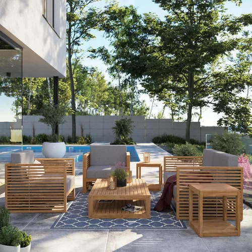 Vista 2 de Modway Carlsbad - Juego de 6 piezas de madera de teca para patio al aire libre, color gris natural
