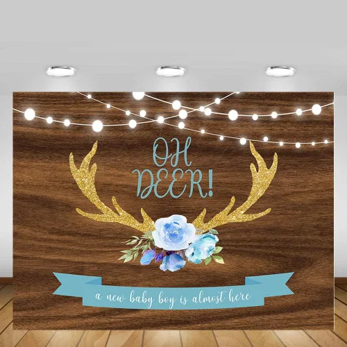 Vista 5 de MEHOFOND 7 x 5 pies Oh Deer Baby Shower fondo utilería azul floral madera rústica It's A Boy Baby Shower Gold Buck caza luces con purpurina bosque