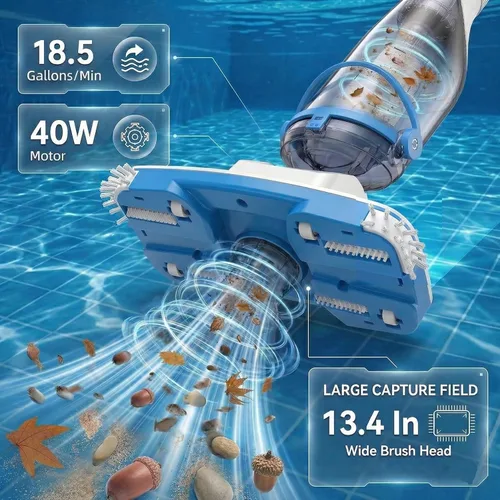 Vista 2 de Consciot Aspiradora de piscina para piscina sobre el suelo y piscina enterrada, limpiador de mano recargable con poste telescópico, succión de 18.5