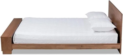 Vista 4 de Baxton Studio Regina - Cama de almacenamiento moderna de madera rústica con acabado marrón nogal y estantes integrados