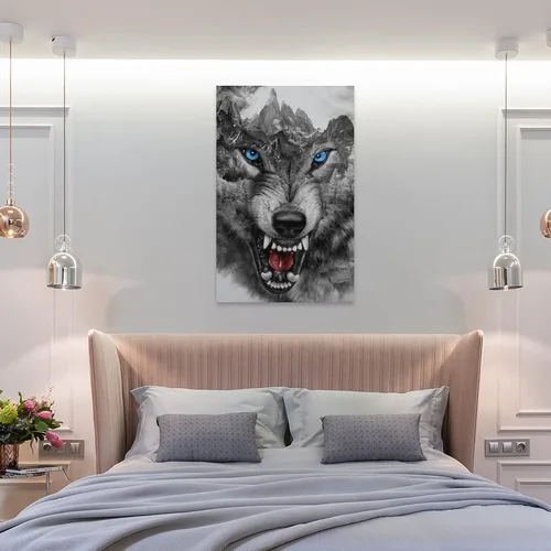 Vista 8 de Rucatto Póster de animales en blanco y negro con cabeza de lobo enojado salvaje y ojos azules, impresiones artísticas en lienzo para decoración