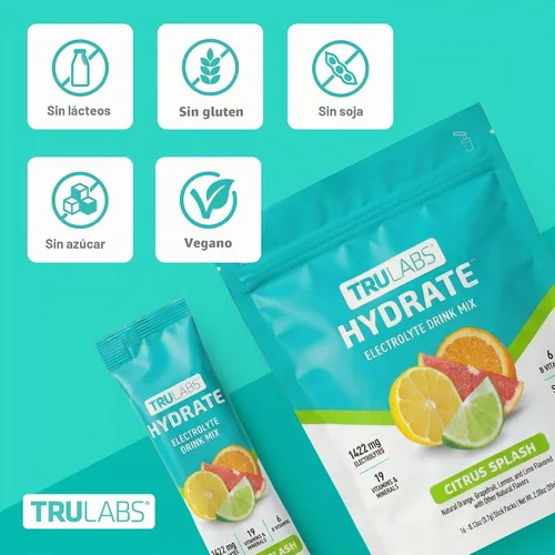 Vista 3 de TRULABS Hydrate - Mezcla de bebida con electrolitos – Sabor cítrico Splash, paquetes de hidratación sin azúcar con electrolitos de 1422 mg y 19