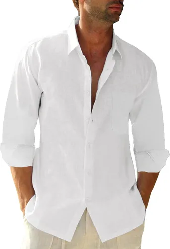 Vista 19 de JEKAOYI - Camisas de lino con botones para hombre, de manga larga, ajuste regular, de algodón, camisas de playa con bolsillo