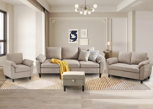 Vista 13 de Juego de sofás modulares de 3 piezas, sofás de 3 plazas en forma de L y sofá biplaza con sillón y otomana de almacenamiento para sala de estar Verde