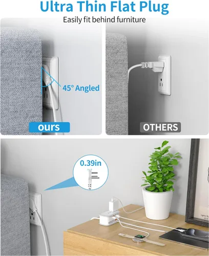 Vista 7 de BEVA Regleta de alimentación de viaje, regleta de enchufe plano con cable USB C retráctil, cable de extensión corto de 5 pies con 2 salidas de CA, 3