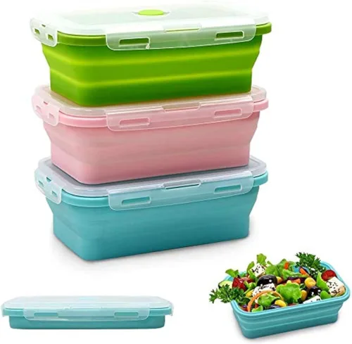 Vista 10 de Alimat PluS 11.8oz Juego de 3 Contenedores de Almacenamiento de Alimentos de Silicona Plegables con Tapas, Tamaño Pequeño, 350ml Contenedores