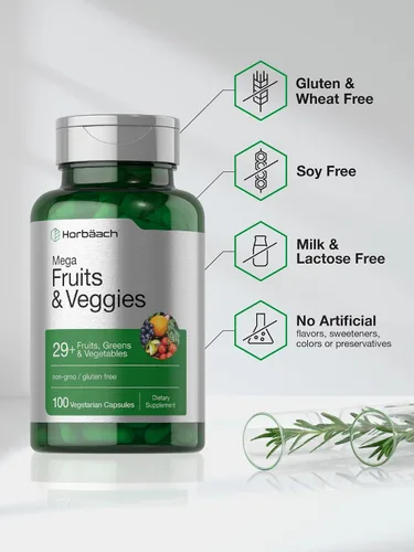 Vista 5 de Horbäach Suplemento Mega frutas y verduras 100 cápsulas Vegetariano, sin OMG y sin gluten
