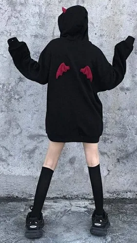 Vista 4 de Sudadera con capucha de manga larga con capucha de Devil Wings para mujer Negro