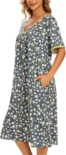 Vista 4 de AVIIER Camisones de noche de algodón suave para mujer, ropa de dormir de manga corta con bolsillos