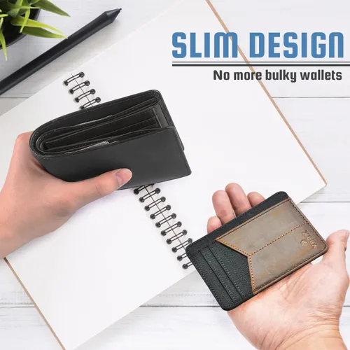 Vista 3 de Cartera delgada para hombre con bolsillo frontal minimalista de cuero RFID, Negro, bronceado, Minimalista