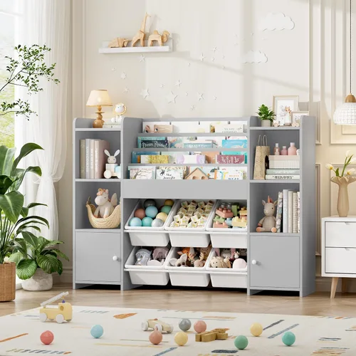 Vista 7 de FINETONES Organizador de almacenamiento de juguetes con 6 cubos de juguetes, organizador de juguetes para niños con 6 cubículos, organizadores