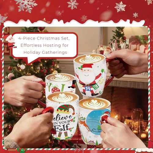 Vista 3 de Topadorn Juego de 4 Tazas Navideñas, Tazas de Café Festivas con Asa, Tazas de Café de Cerámica de 18 oz - Regalo para Familia y Amigos, Ideal