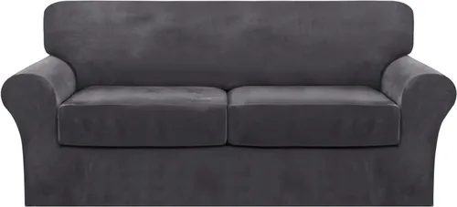 Vista 15 de FantasDecor Fundas de terciopelo para sofá de 2 piezas para sala, con cojín individual, protector elástico de muebles para mascotas, lavable a Negro