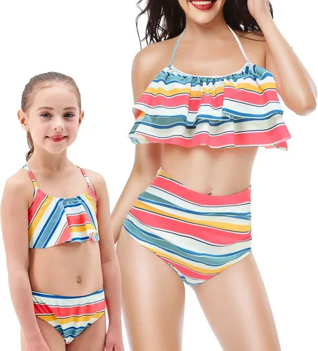 Vista 4 de Trajes de baño de dos piezas para niñas Rainbow Bikini, con correa ajustable, trajes de baño