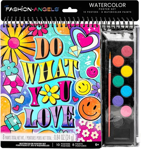 Vista 2 de Fashion Angels Juego de póster de acuarela con texto en inglés "Do What You Love", kit de pintura inspirador para niñas, incluye 10 pósteres y 8