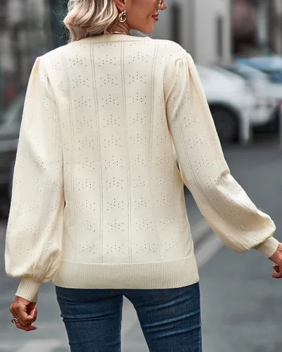 Vista 5 de Suéter de manga larga abombada para mujer, cuello en V suave, cuello cuadrado, suéter de punto vintage para otoño para mujer