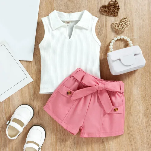 Vista 2 de Chaleco acanalado sin mangas de verano para niñas pequeñas, atuendo de camiseta y pantalones cortos para baby shower (rosa, 18-24 meses)