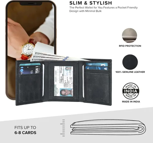 Vista 7 de Real Leather Trifold Wallet For Men - Slim Ultra Thin Tri Fold Front Pocket Minimalist Credit Card Holder ID Window Gift Men