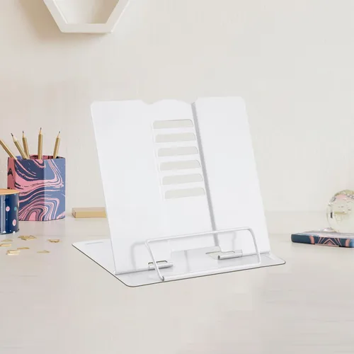 Vista 18 de MSDADA Soporte de escritorio pequeño para libros, soporte de metal para libros de lectura, soporte ajustable para libros de cocina, soporte
