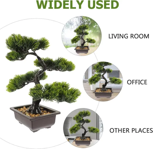 Vista 5 de Árbol de pino bonsái artificial, simulación de imitación de planta en maceta, exhibición de escritorio, adornos de maceta de árbol falso, planta