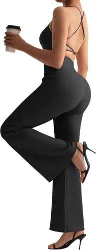 Vista 2 de SUUKSESS Leggings acampanados acanalados cruzados para mujer, pantalones de yoga con espalda en V y bolsillos