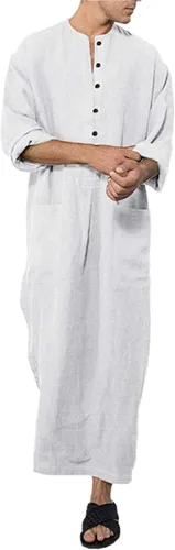 Vista 2 de Jacansi Bata de algodón con botones para hombre, manga larga, caftán, thobe, camisa casual para playa 01-Blanco