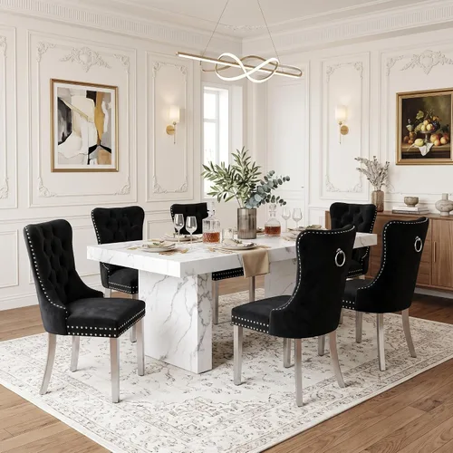 Vista 9 de Ebullient 79" White Dining Table Set for 8, Faux Marble Table & 8 Chairs Cream Chairs