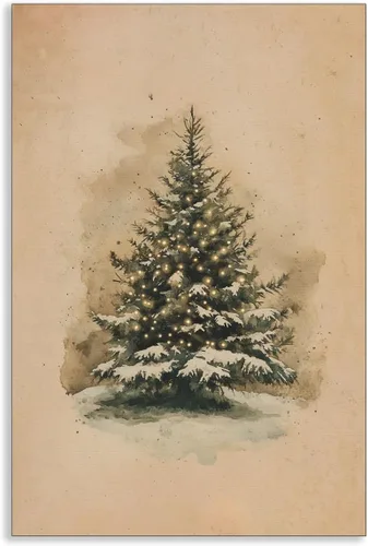 Vista 9 de Arte de pared en lona de árbol de Navidad y pino, póster rústico iluminado de abeto nevado, decoración de pared de vacaciones de invierno antigua