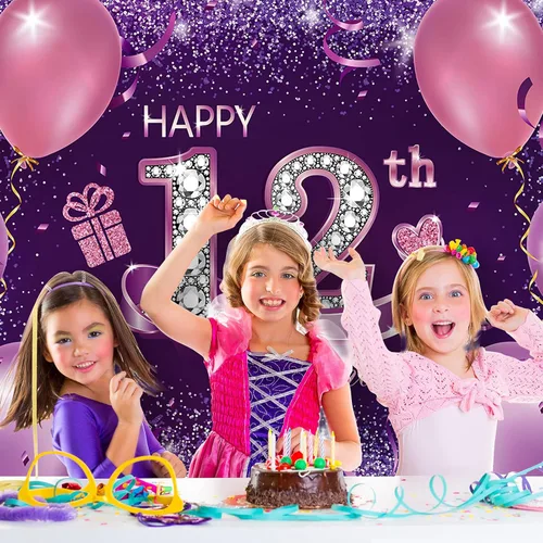 Vista 6 de Decoraciones de fiesta de cumpleaños, pancarta grande de tela de feliz 12 aniversario, fondo de cabina de fotos rosa y morado con cuerda para fiesta