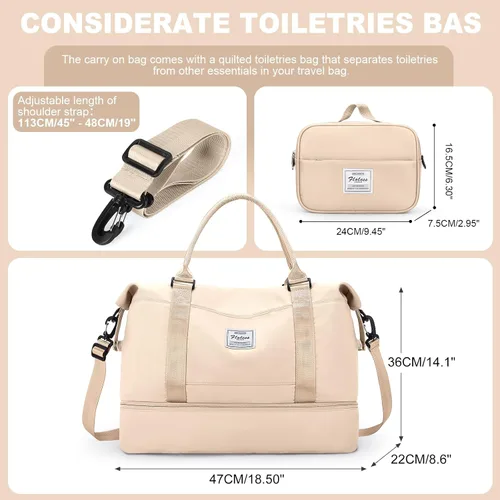 Vista 2 de Bolsas de fin de semana para mujer, bolsas de viaje con compartimento para zapatos, Beige, Bolsa de viaje+neceser