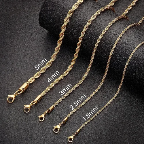 Vista 3 de Cadena de cuerda chapada en oro real de 18 quilates, 0.059 a 0.098 a 0.197 pulgadas, acero inoxidable, cadena trenzada, collar para hombres