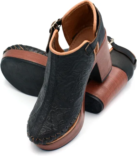 Vista 12 de Botines de piel auténtica grabados mexicanos con correa para mujer - Modelo 490