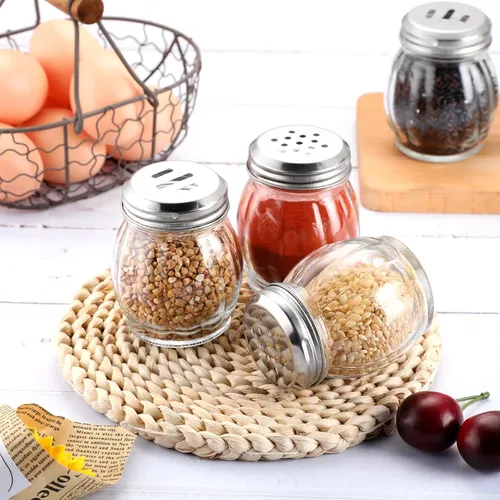 Vista 4 de Hotop Coctelera de especias de vidrio de 24 piezas con parte superior perforada para quesos con parte superior ranurada de acero inoxidable