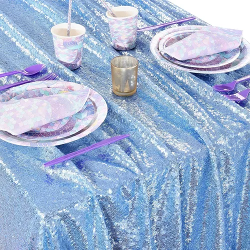 Vista 3 de Mantel de lentejuelas brillantes, color azul bebé, 50 x 80 pulgadas, tela