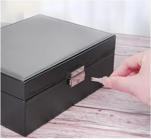 Vista 6 de H-RONG Joyero para mujeres y niñas, de cuero, con 2 capas, organizador grande de joyas con candado, caja de almacenamiento para collares, aretes