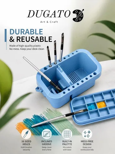 Vista 4 de DUGATO Limpiador de pinceles, lavadora, soporte y paleta 3 en 1, lavabo para artistas con tapa y esponjas para acrílico, acuarela, pintura al óleo