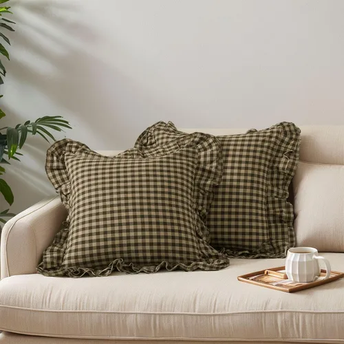 Vista 11 de Lemfux Juego de 2 fundas de almohada con volantes, fundas de almohada decorativas de algodón lavado, fundas de cojín lisas estilo desgastado y chic