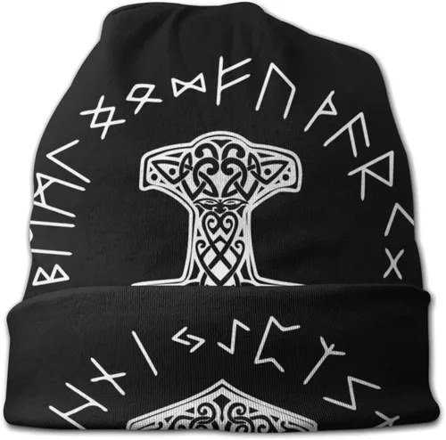 Vista 3 de Vikings Mjolnir and Rune Wheel - Gorro con símbolo de mitología nórdica para hombres y mujeres gorro holgado para esquí calavera invierno fino