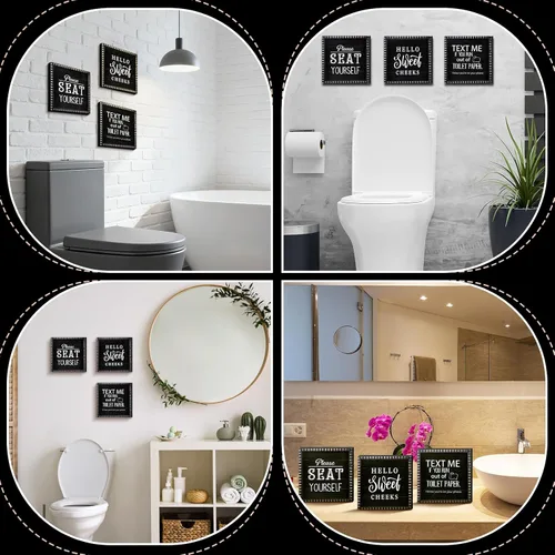 Vista 4 de Yousoontic 3 piezas divertidas de decoración de madera para baño, texto "Please Text Me If You Run out of the Toilet Paper Sign Seat Yourself Sign