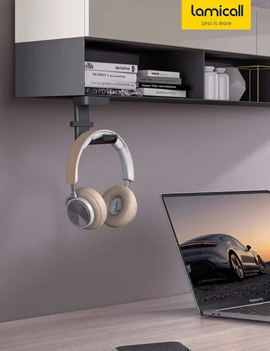 Vista 7 de Lamicall Soporte para auriculares, soporte adhesivo para auriculares, soporte para auriculares debajo del escritorio, soporte de gancho adhesivo