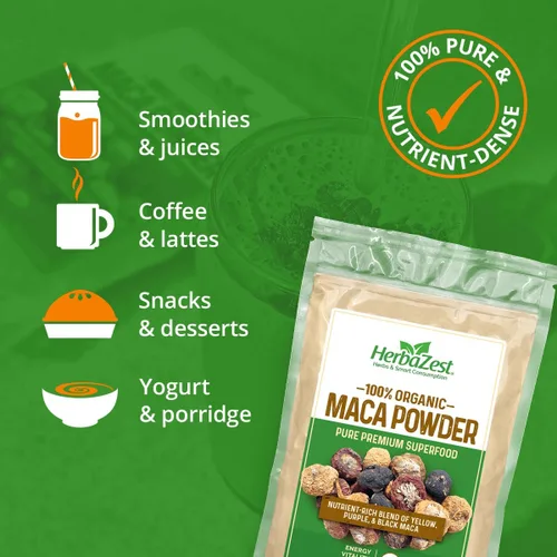 Vista 3 de HerbaZest Maca en polvo orgánico – 1 libra – Certificado USDA, vegano y sin gluten – Perfecto para batidos, jugos, hornear, yogur y cereales
