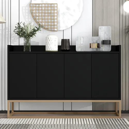 Vista 16 de Aparador moderno de gran espacio de almacenamiento con puerta de ratán artificial, mesa de consola con 4 puertas y estante ajustable, mesa de Blanco