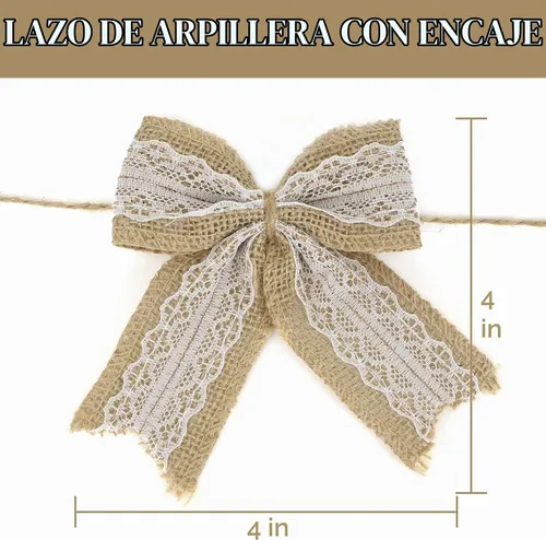 Vista 2 de AIMUDI Lazos de encaje de arpillera natural de 4 pulgadas, lazos rústicos de arpillera para decoración de árbol de Navidad, lazos de boda de encaje