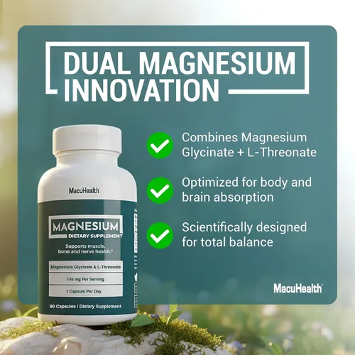 Vista 5 de MacuHealth Glicinato de magnesio y L-treonato 145mg - 90 cápsulas - Magnesio altamente absorbible para energía, calma y enfoque - Suave