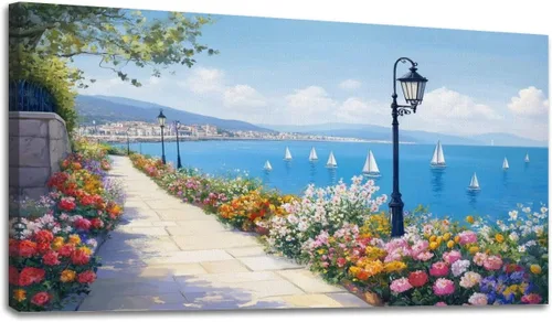 Vista 12 de Arte de pared costero vintage de 30 x 60 pulgadas, paisaje de ventana, granja, paisaje, naturaleza, pintura cálida, impresión sobre lienzo, arte